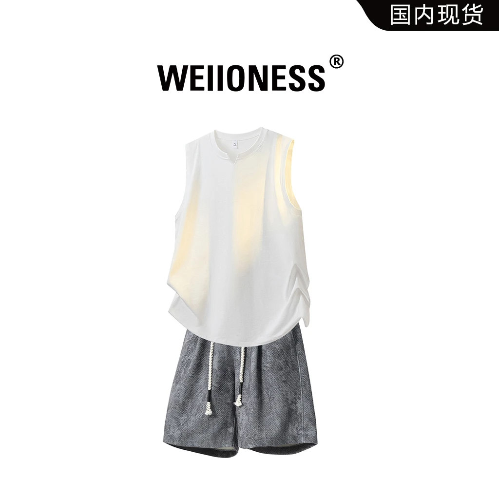 WEIIONESS无袖背心套装男2025夏季凉感宽松休闲两件套高级感男装