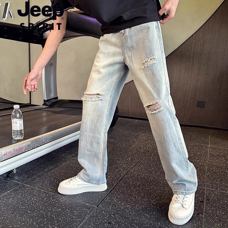 JEEP吉普水洗复古破洞牛仔裤男士夏季新款乞丐裤2026直筒休闲长裤