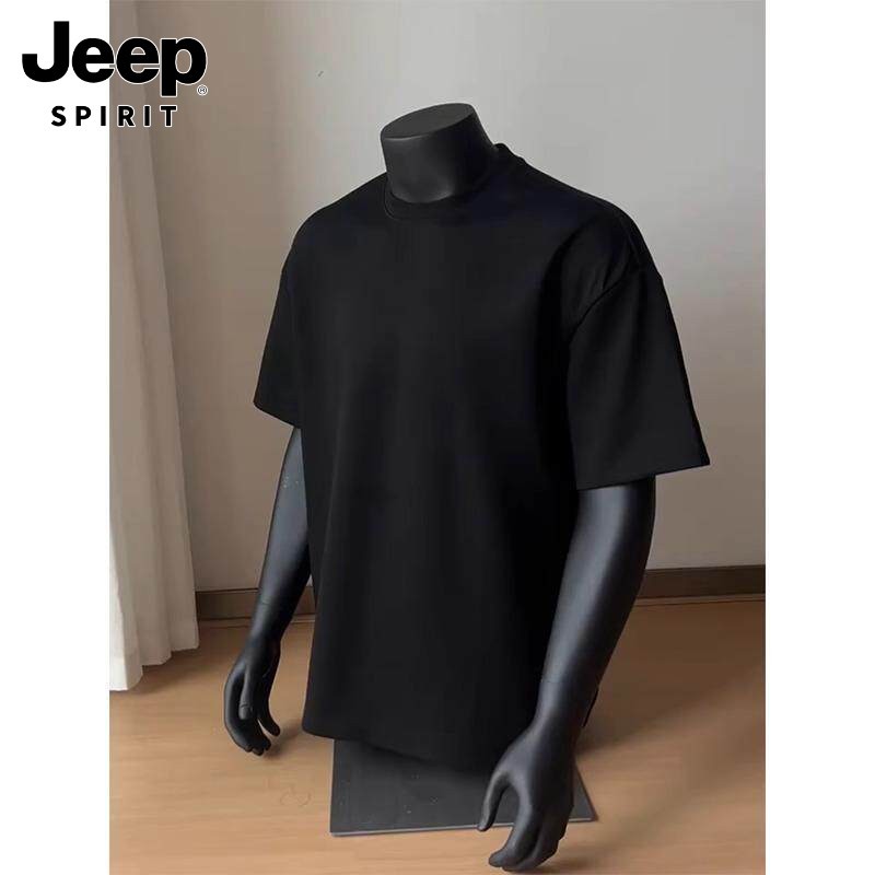 JEEPSPIRIT纯黑色短袖T恤男款夏季潮流加厚硬挺纯棉美式情侣5半袖