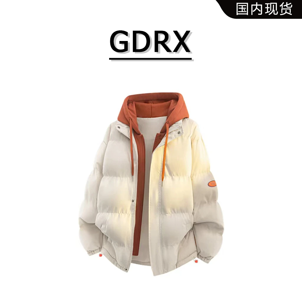 GDRX连帽棉服男款2025冬季新款假两件情侣款加厚休闲宽松棉衣外套
