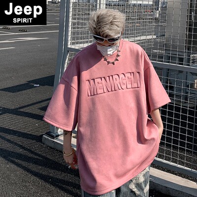 JEEPSPIRIT粉色短袖t恤男款夏季重磅钢印oversize宽松半袖体恤ins