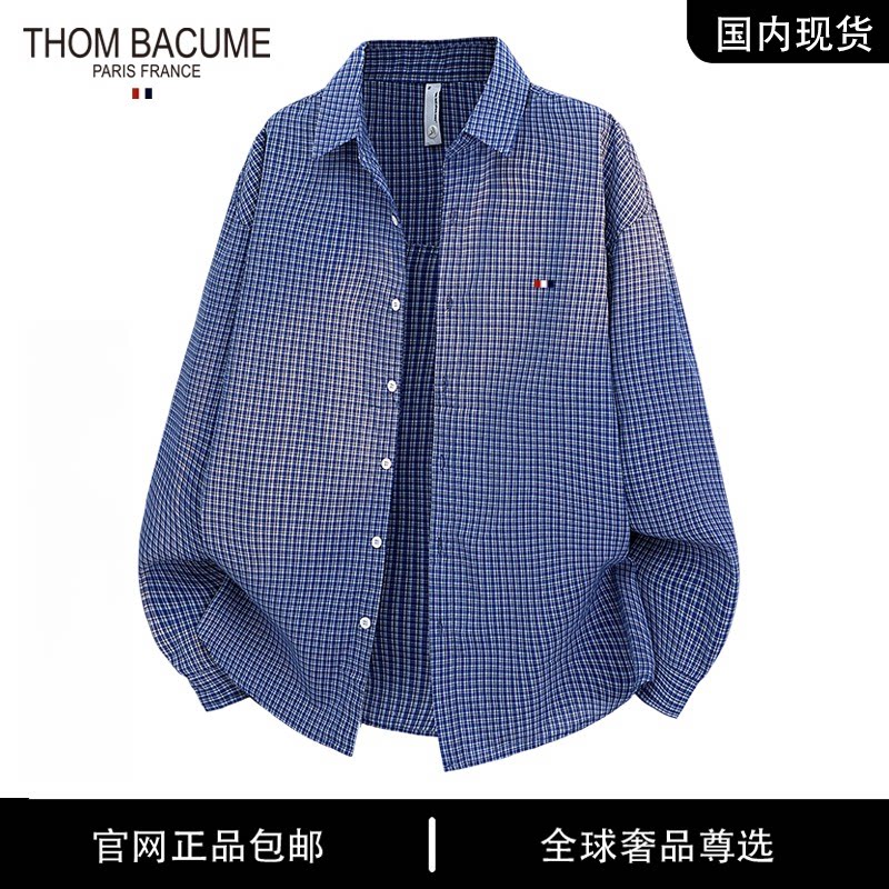 THOM BACUME 秋季复古蓝色格子长袖衬衫宽松男女休闲衬衣翻领上衣