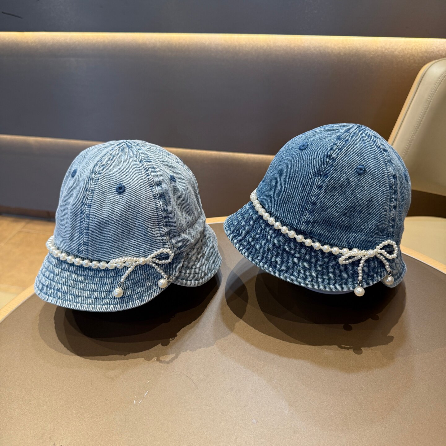 儿童帽子春秋水洗牛仔渔夫帽珍珠装饰女宝宝洋气百搭遮阳防晒盆帽