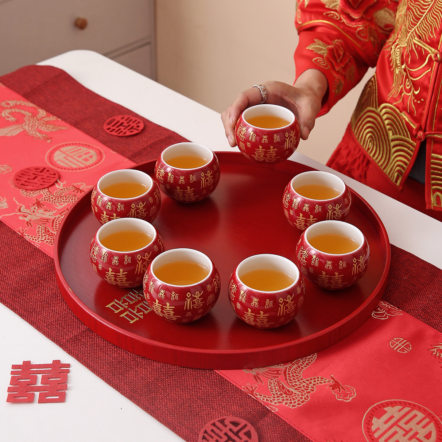 陶瓷茶杯套装中式结婚喜庆新娘改口敬茶杯双喜圆满红色单主人杯子