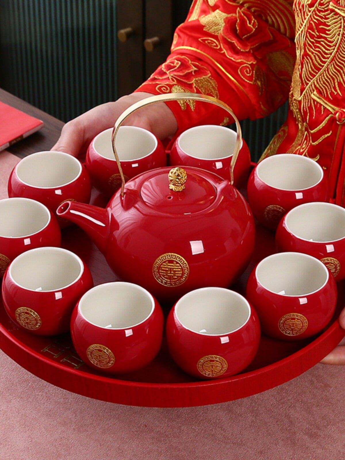 Wedding celebration toast teacup Chinese engagement supplies red bridal tray teapot tea set gift box