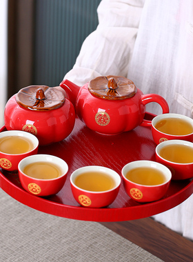 柿柿如意茶具套装一壶六杯茶叶罐红色功夫茶具结婚礼陪嫁中式茶具