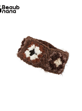 小黄香蕉手钩复古方格发带女毛绒针织宽边发箍美拉德拼接棕色发饰