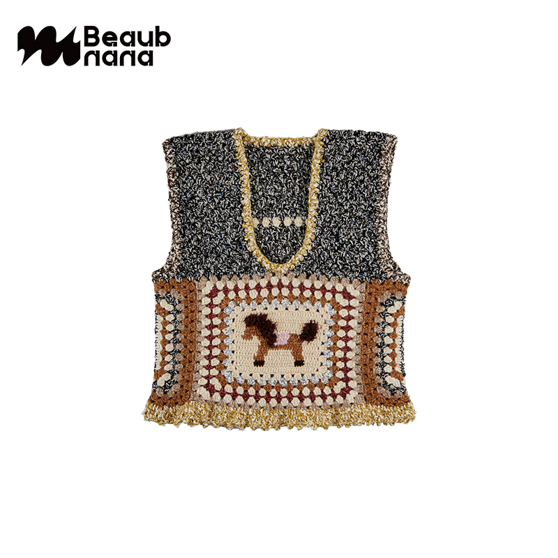 小黄香蕉手钩拼色羊毛背心女叠穿手工针织马甲百搭新年马元素礼物