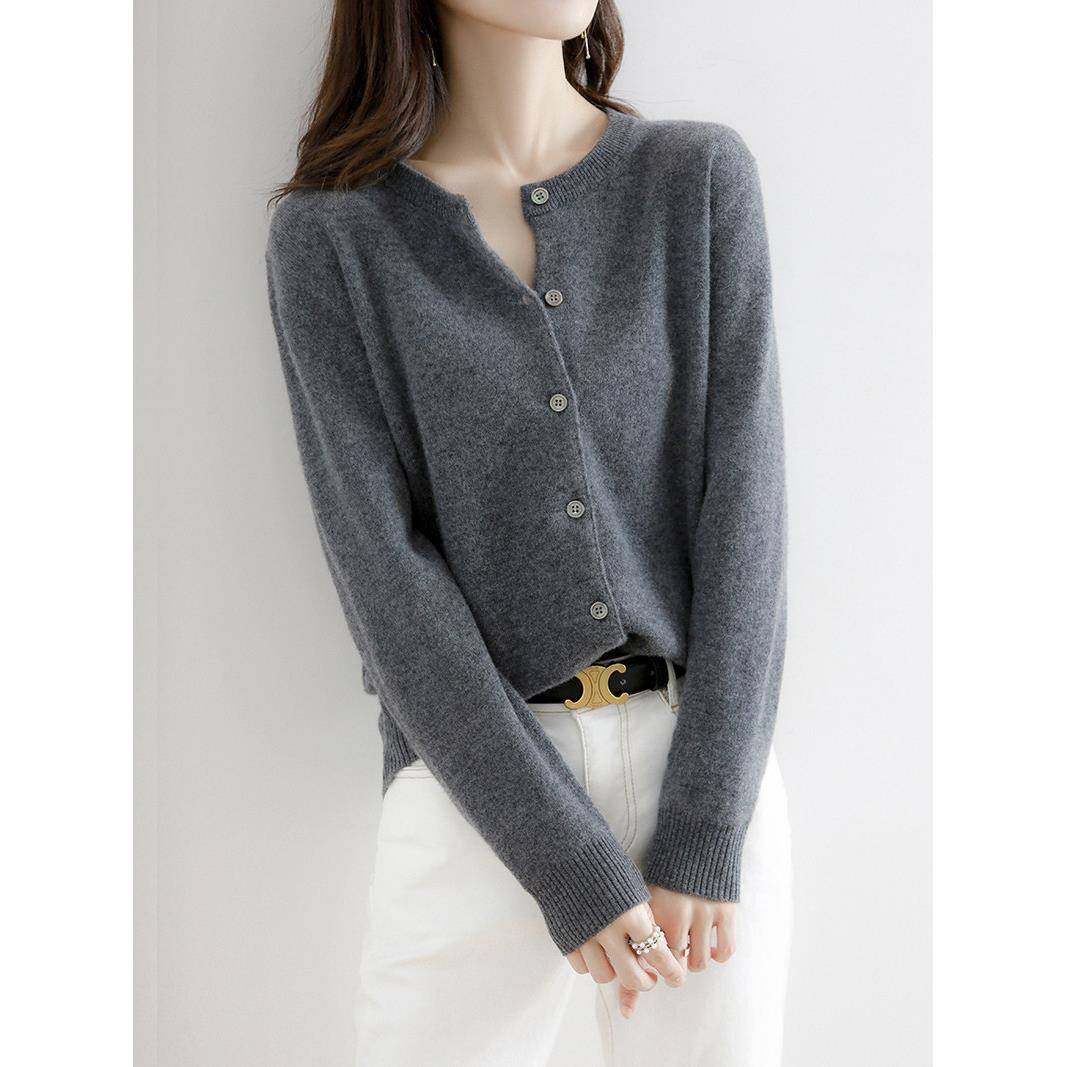 打底毛春衣开衫外套女2款02ZD圆领开5春秋感新款深灰色女外搭装高