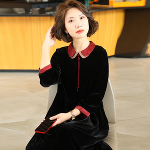 2025春秋季新款真丝丝绒连衣裙复古气质妈妈桑蚕丝裙子女高端显瘦