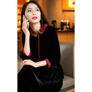 2023秋季气质裙子新款真丝桑蚕丝妈妈时尚丝绒连衣裙女显瘦中国风