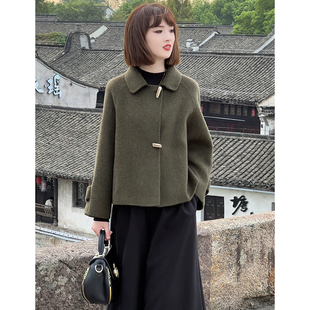 2025秋冬新款双面呢大衣女牛角扣短款赫本羊毛呢子外套韩版小个子