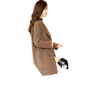 2023年新款小个子千鸟格西装外套女羊毛格子复古双面呢大衣春秋季