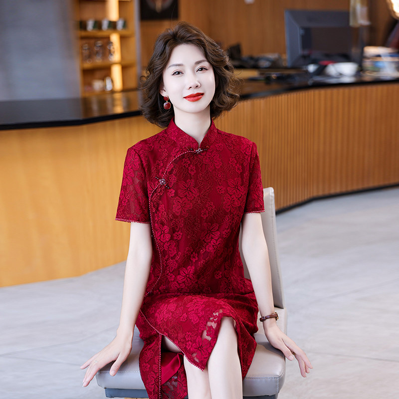 蕾丝旗袍改良版气质夏季新款2024婚宴妈妈优雅连衣裙女婚礼小个子