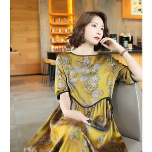 真丝连衣裙女时尚 2022年夏季 新款 印花桑蚕丝中年妈妈气质显瘦裙子