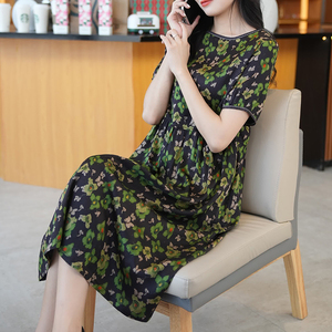 2023年新款杭州真丝印花连衣裙女显瘦气质中年妈妈桑蚕丝裙子夏季