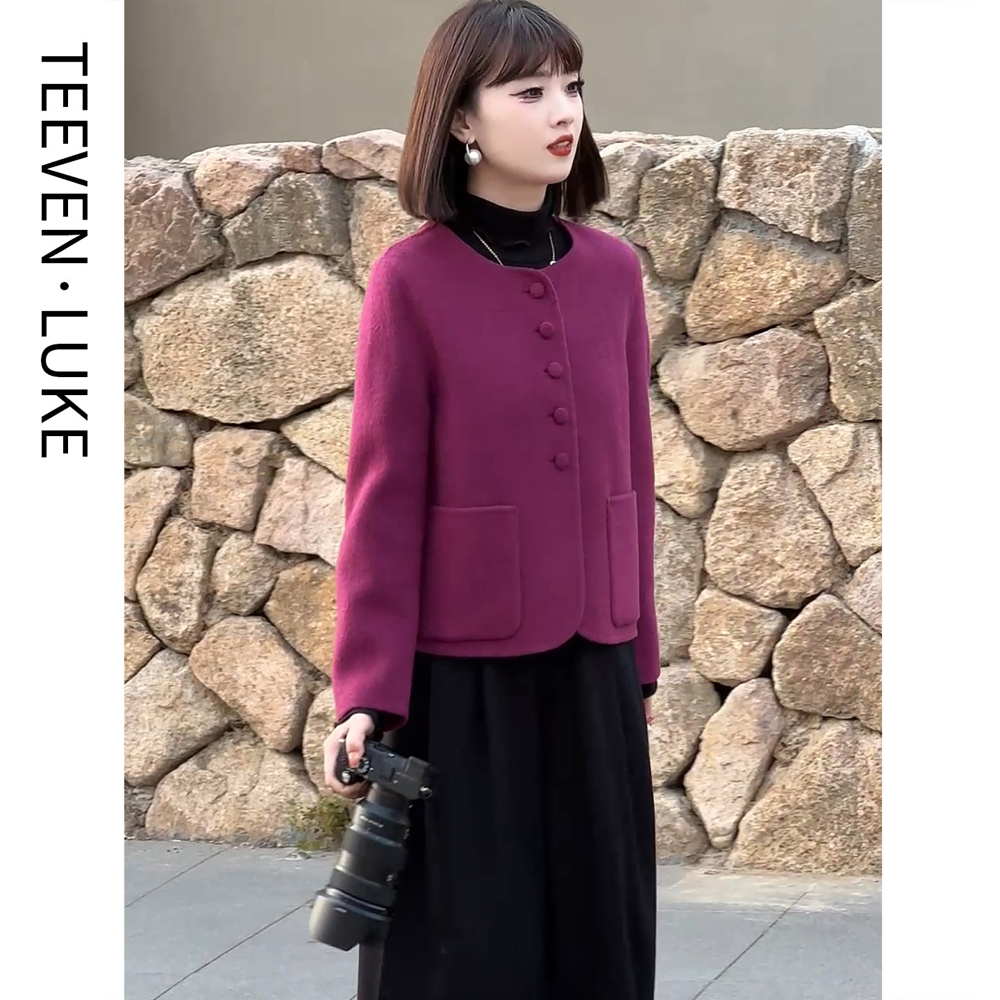 2025年秋冬新款洋气中年妈妈羊毛呢外套玫红色双面呢大衣短款气质