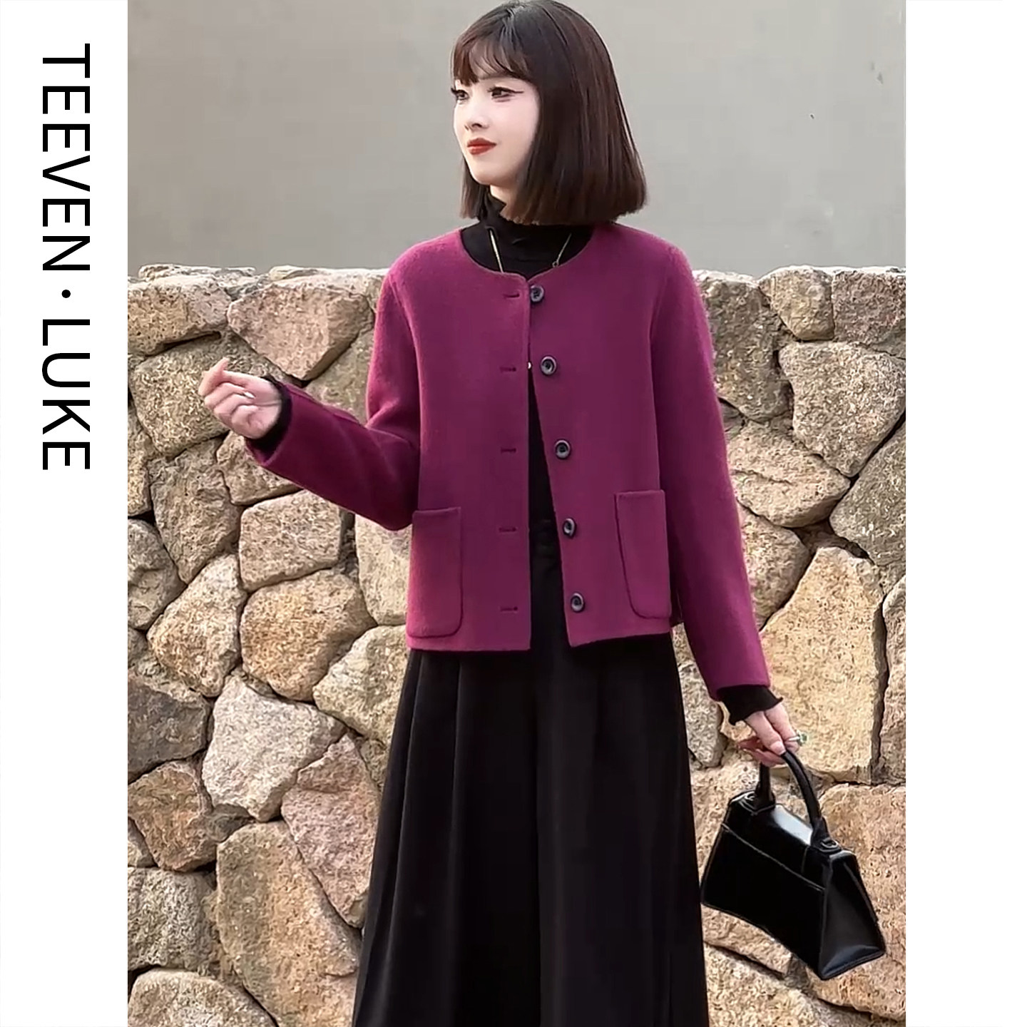 2025年秋冬新款玫红色双面呢大衣短款气质洋气中年妈妈羊毛呢外套