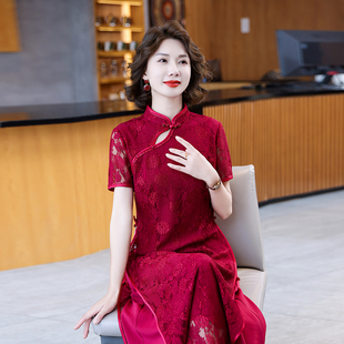 连衣裙女2024新款 红色蕾丝婚宴旗袍小个子妈妈改良版 礼服气质夏季