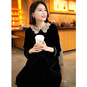 2025年春季新款真丝丝绒连衣裙女时尚气质年轻妈妈桑蚕丝裙子显瘦