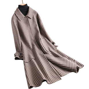 2022年新款秋冬高端双面羊毛大衣中长款毛呢外套复古格子韩版女装