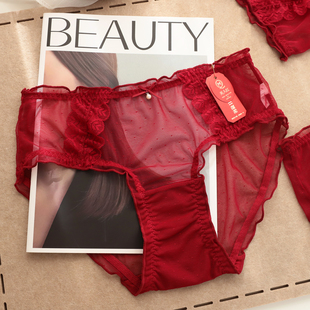 本命年红内裤暗红色波点网纱蕾丝透明性感荷叶边丝滑中腰少女