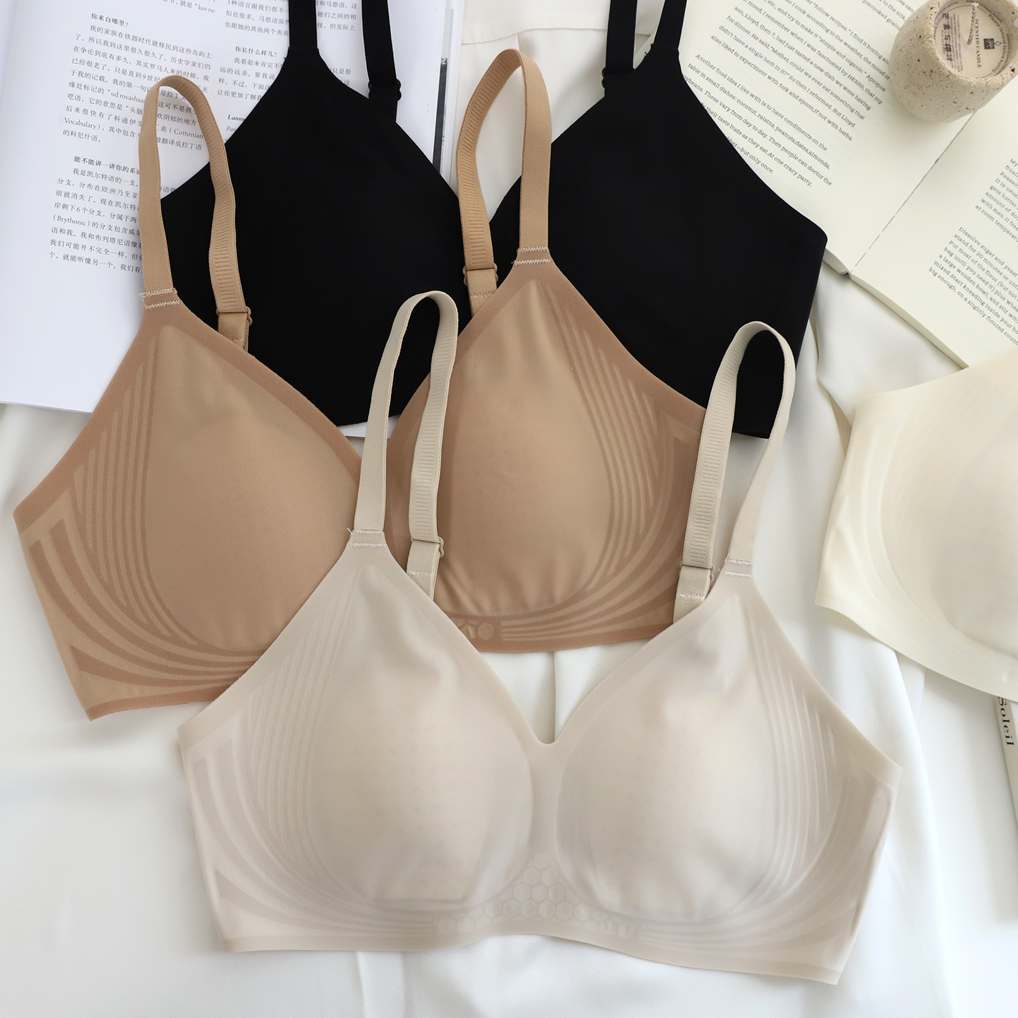 果冻条提拉超薄隐形无痕透气莫代尔文胸无钢圈免耳朵大胸显小内衣