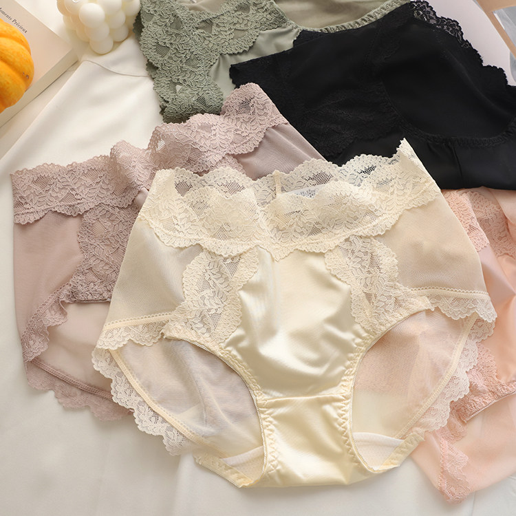 法式优雅蕾丝绸缎网纱性感薄透气柔软丝滑舒适中高腰女蚕丝内裤夏