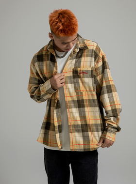 FLYBOY 美式复古刺绣加厚格子衬衫男女休闲潮牌衬衣外套秋季新款