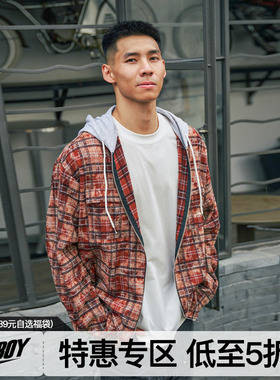 FLYBOY 24秋冬 格子连帽衬衫美式复古假两件加厚长袖外套男