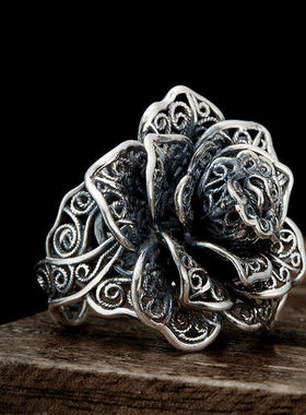 心音黑花夸张花朵戒指女复古做旧配饰食指指环礼物时尚百搭