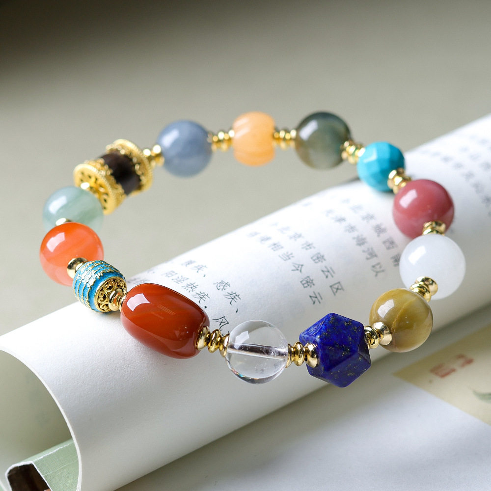 原创青金石白水晶虎眼石天山翠多宝手链 文玩中式手串