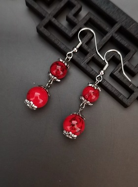 复古红色气质耳环红豆耳钉潮耳坠银耳饰中国风耳饰无耳洞耳夹