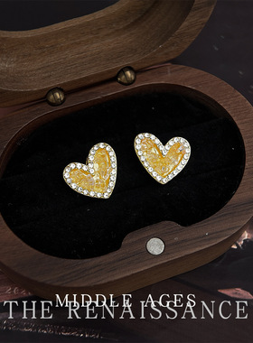 vintage轻中古风橙色玻璃水晶爱心锆石耳钉小众甜美风优雅耳饰女