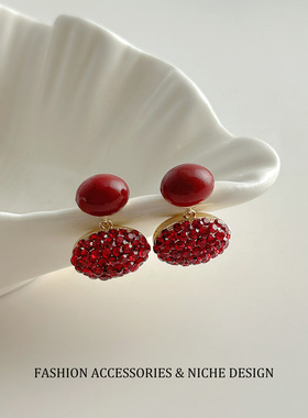 复古红色圆圈耳环女镶钻轻奢滴油时尚简约小众设计感耳钉耳饰