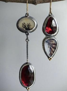 创意新款深红色水钻个性长款耳坠跨境复古饰品几何不对称耳环女