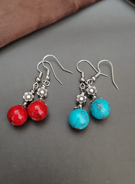 复古气质简约耳环中古时尚耳坠红色松石民族风耳饰品无耳洞耳夹女