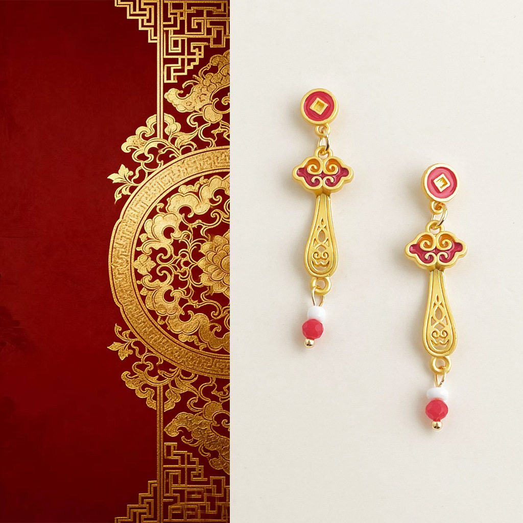 如意~国风复古新中式珐琅滴釉红色祥云纹耳环气质文艺感耳饰,饰品/流行首饰/时尚饰品新,耳环,淘宝优惠券,粉丝福利购,淘宝优惠卷