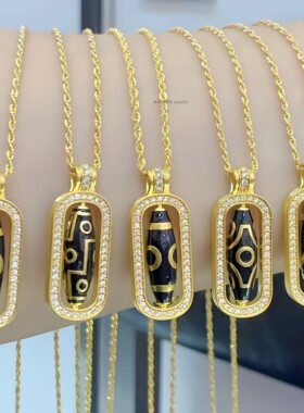 古法点钻天珠金刚杵项链女镀18k金珐琅九眼天珠可转动纯银锁骨链