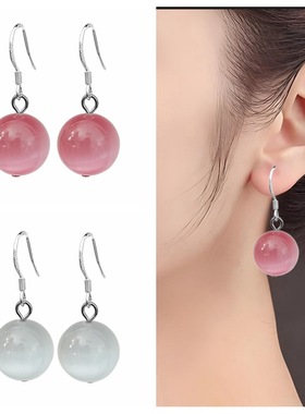 气质粉白色猫眼石耳坠 玛瑙粉晶s925银水晶耳钉耳环 时尚饰品女