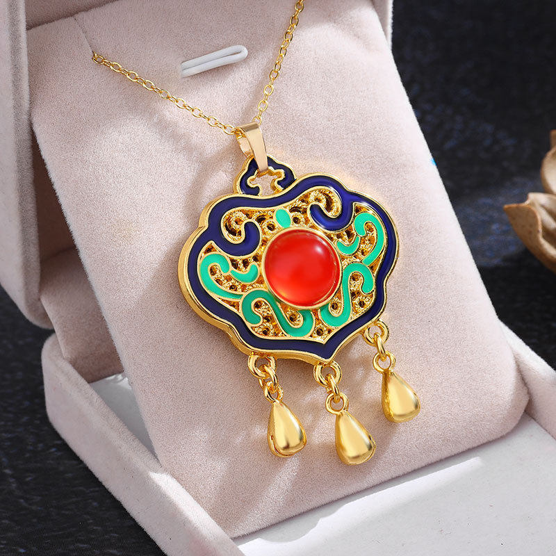 S925银仿南红玛瑙蛋面如意小锁珐琅彩流苏吊坠项链毛衣链古风搭配,饰品/流行首饰/时尚饰品新,项链,淘宝优惠券,粉丝福利购,淘宝优惠卷