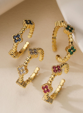 澳古 跨境时尚简约铜镀18K金锆石花朵几何开口戒指女小众百搭指环