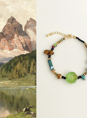 绿野~国风手作复古捷克琉璃串珠手链不规则虎眼石小众感手饰