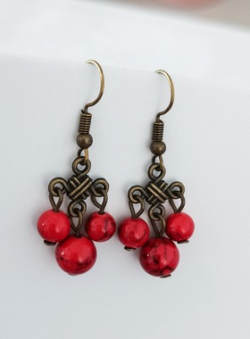 新款民族风耳环小巧百搭红色耳坠红色喜庆复古古风耳饰日常搭配女