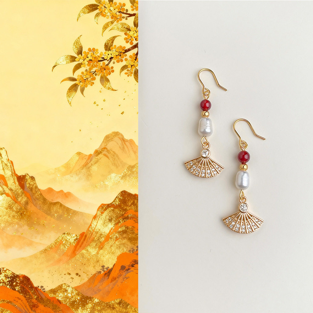 国风手作淡水珍珠红玛瑙扇形锆石耳环新中式复古文艺宫廷风耳饰女