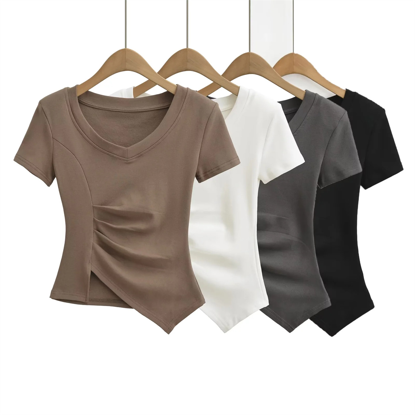 辣妹纯欲风v领不规则短袖t恤女夏带肩垫褶皱收腰显瘦性感高腰上衣