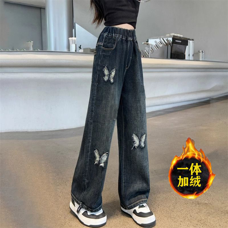 悠卡漫韩版秋冬中大童时尚裤子儿童宽松牛仔裤2025女童加绒加厚