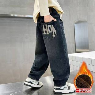 A类冬款中大童时尚裤子宽松保暖牛仔裤2025新款男童裤子加绒加厚