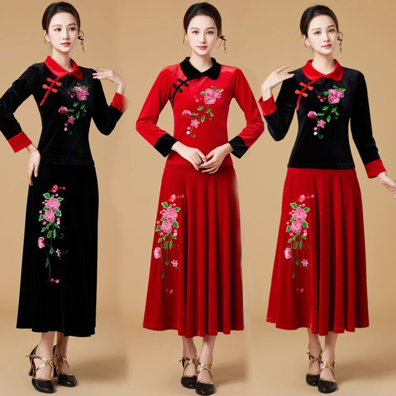 广场舞服装新款套装秋冬金丝绒长袖上衣女跳舞长裙子民族风舞蹈服