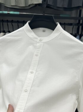 轻熟风穿搭男款立领纯棉长袖衬衫商务通勤风白色衬衣秋季外套宽松